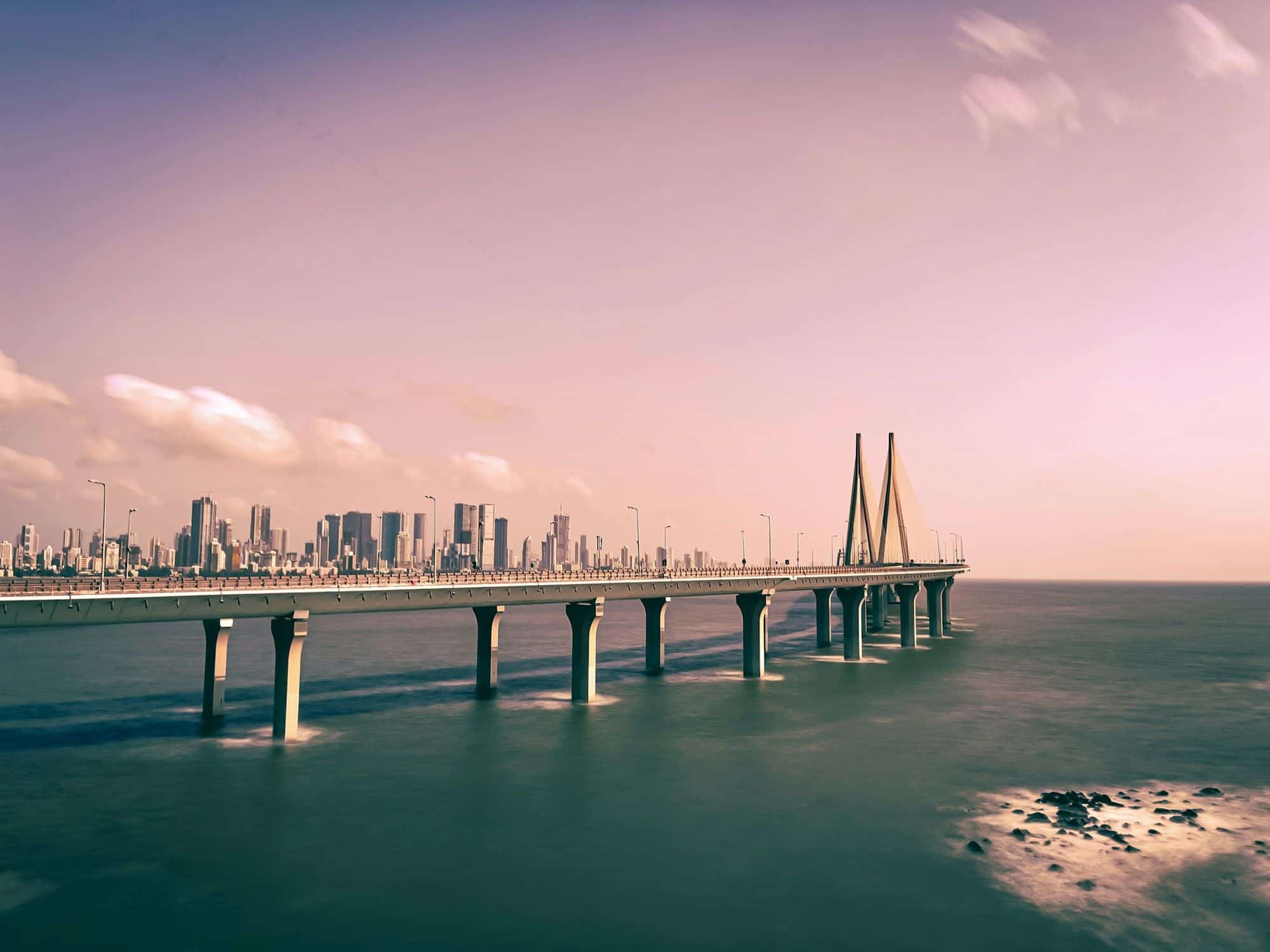 Bandra–Worli Sea Link and the Mumbai skyline at dusk